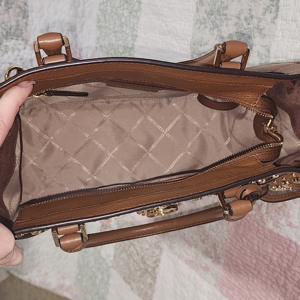 Michael Kors Nouveau Hamilton Studded Leather Satchel Bag in Luggage - Picture 3 of 6